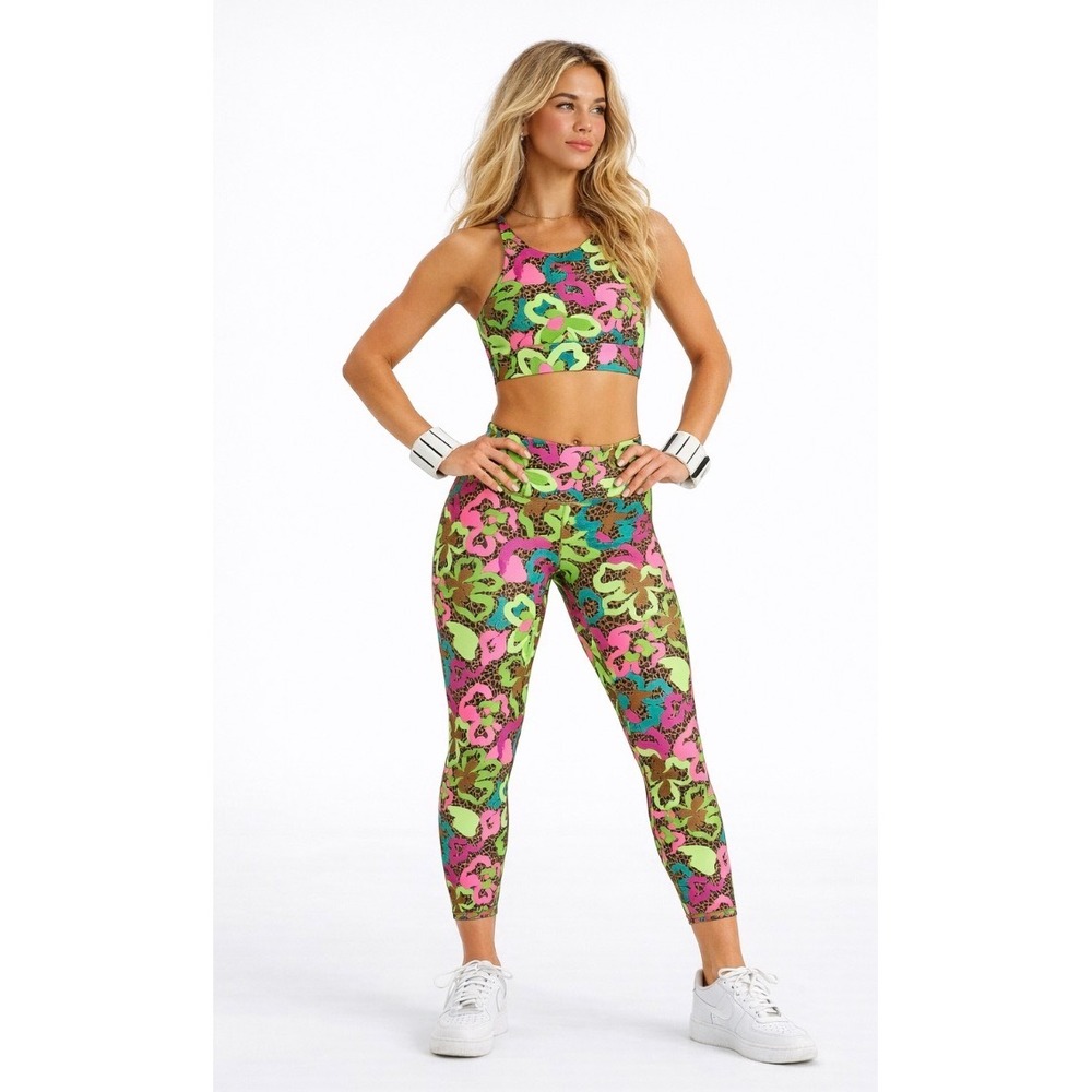 Fabletics Womens Neon Floral Leopard Print Activewear Set Leggings Sports Bra